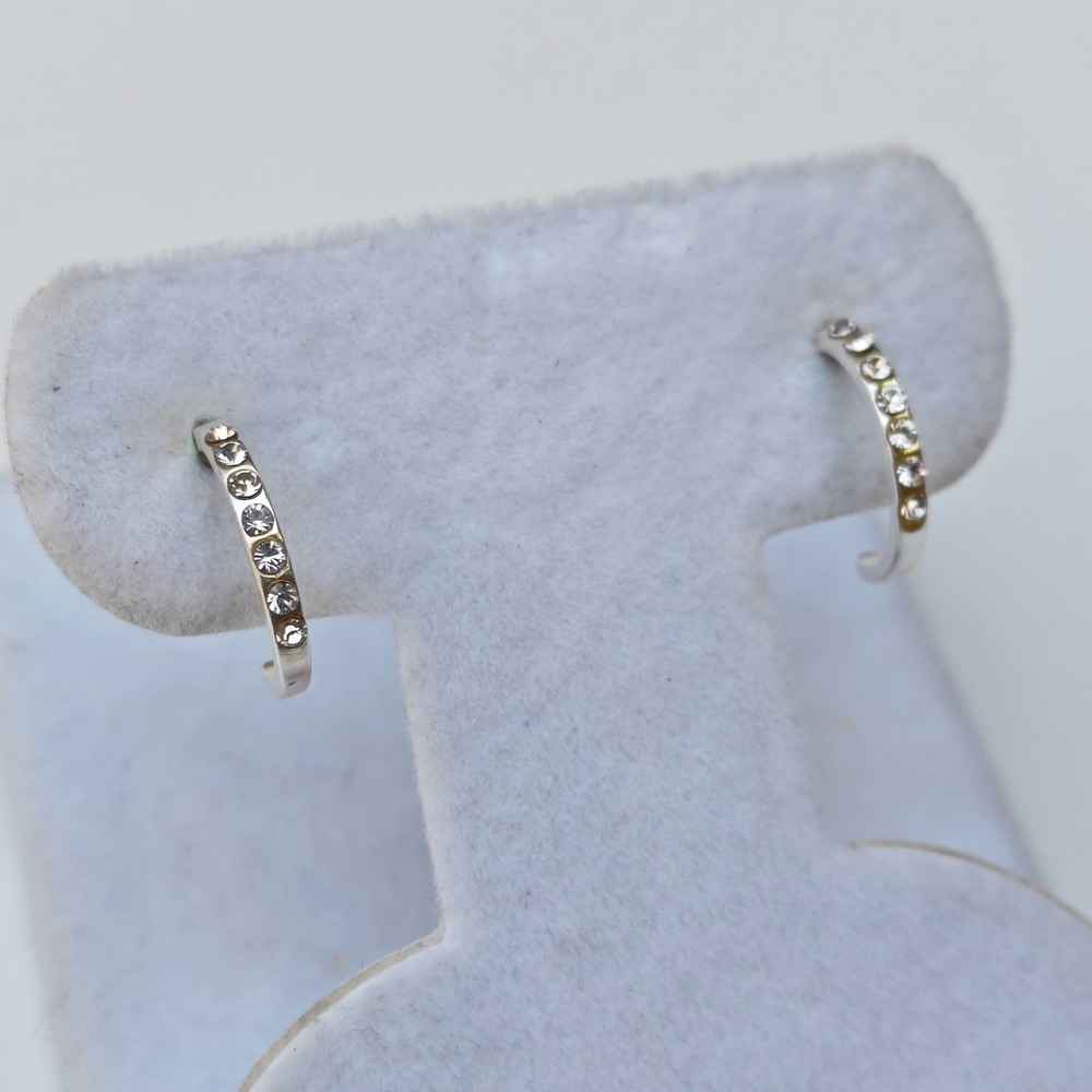 925 Sterling Silver C Hoop Earrings Small Silver Clear Crystal Dainty Minimalist